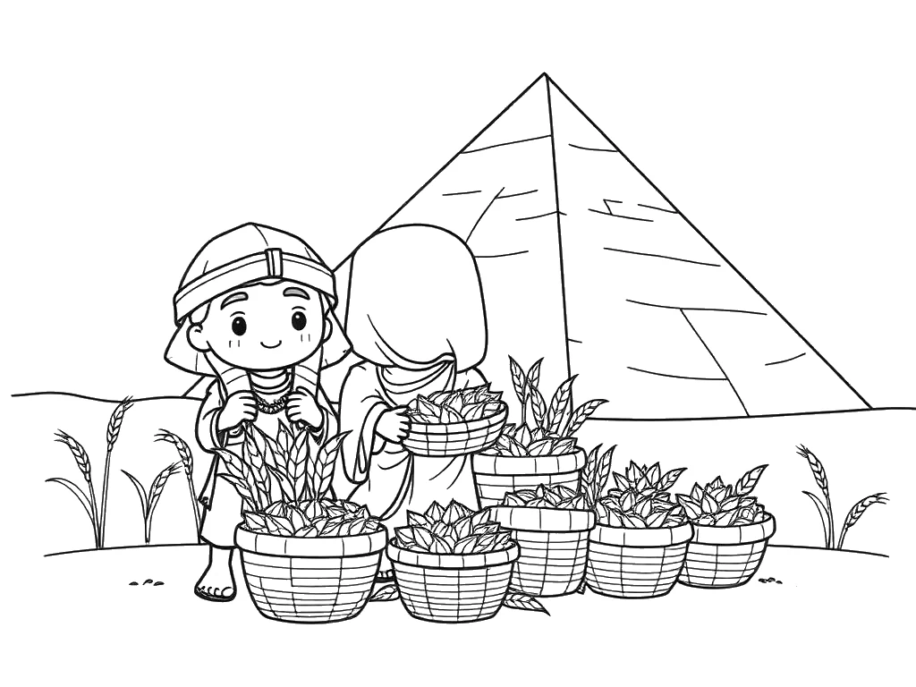Desenho para colorir de José guardando trigo em cestos no Egito