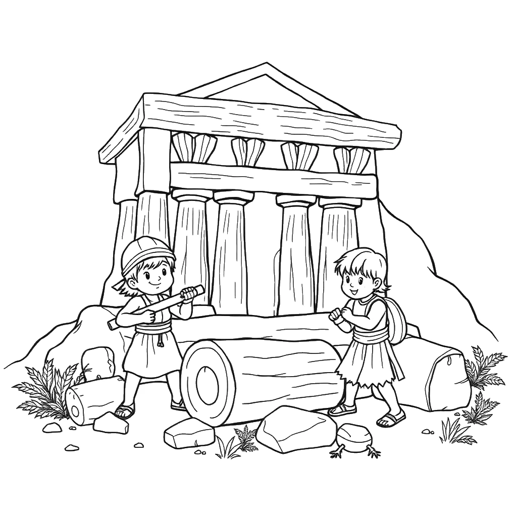 Desenho para colorir dos trabalhadores levando cedros e pedras para o templo
