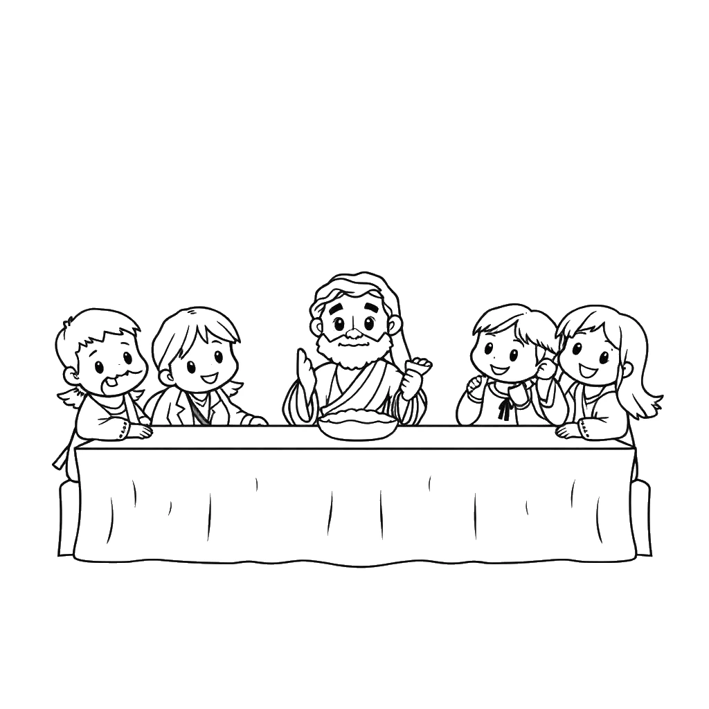 Desenho para colorir da última ceia de Jesus com os discípulos ao redor da mesa