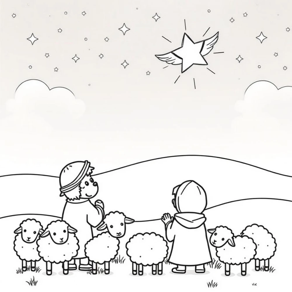 Desenho para colorir dos pastores vendo o anjo e a estrela de Belém
