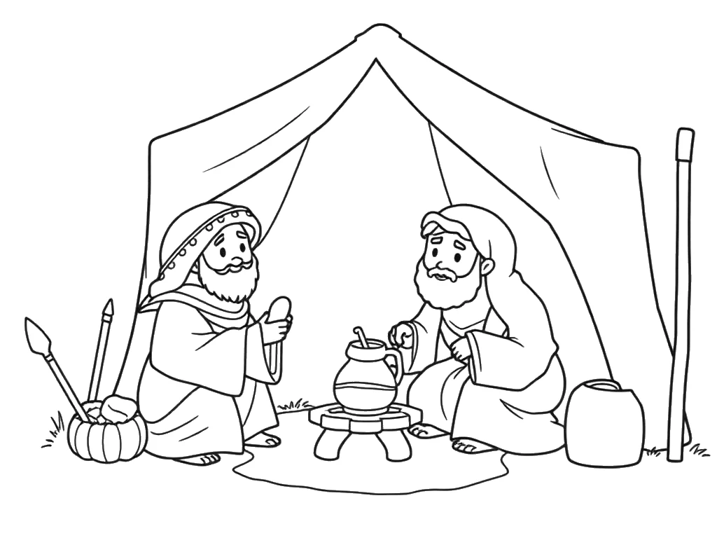 Desenho para colorir de Abraão recebendo visitantes na tenda com pão e água