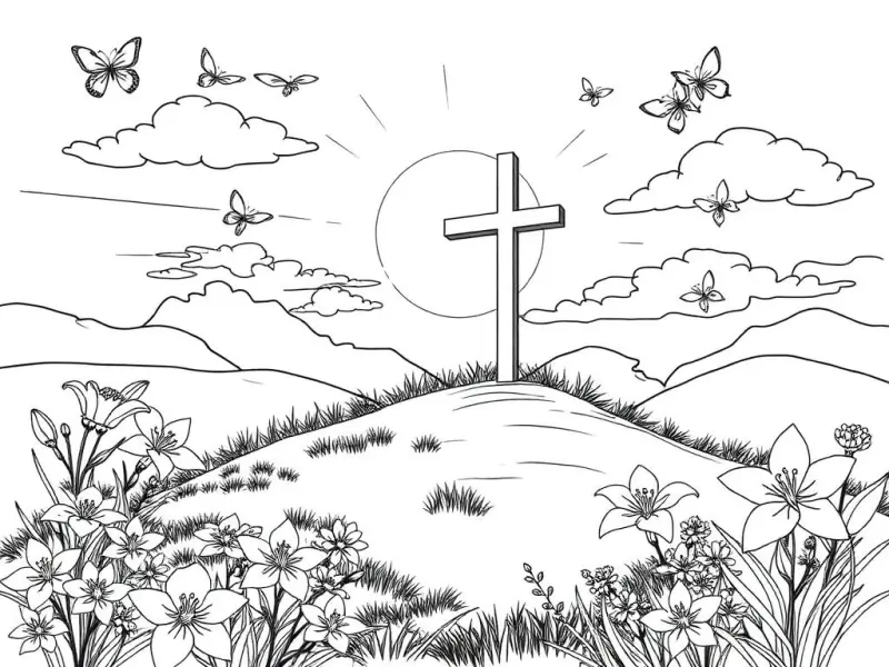 Desenho para colorir de uma cruz enfeitada com flores da Páscoa
