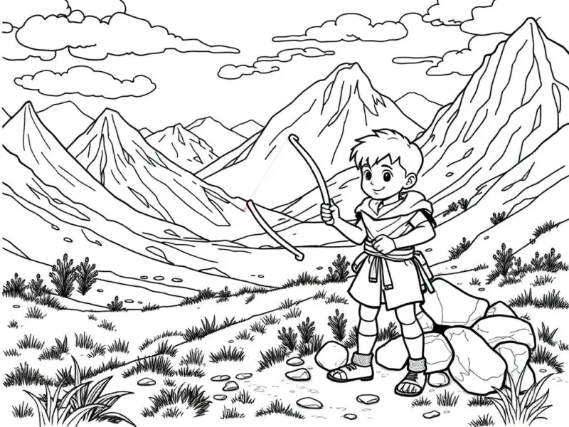 Desenho para colorir de Davi pastor com sua funda e cinco pedras