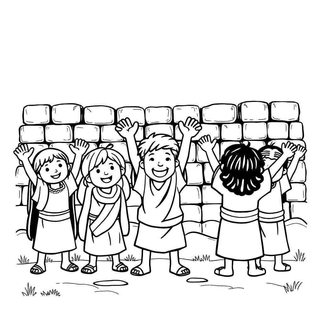 Desenho para colorir das crianças comemorando diante das muralhas de Jericó caídas