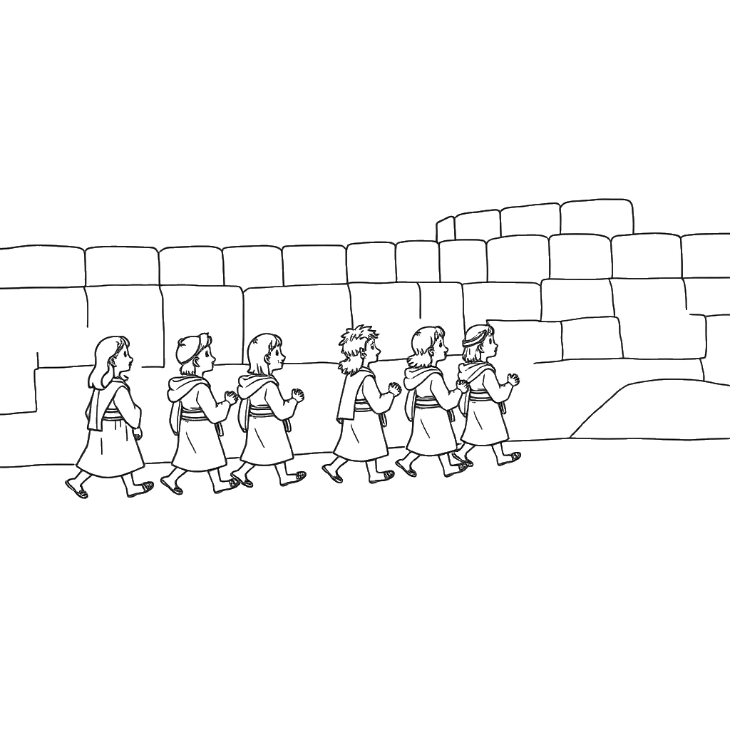 Desenho para colorir do povo de Israel marchando em silêncio ao redor da muralha