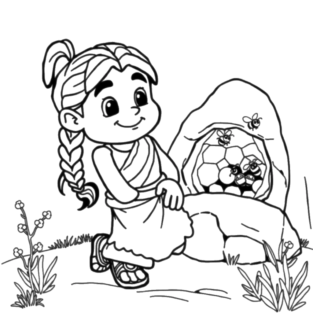 Desenho para colorir de Sansão encontrando o mel na rocha com abelhinhas ao redor