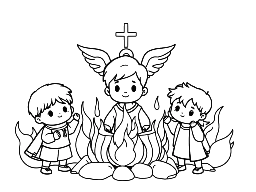 Desenho para colorir dos três jovens protegidos na fornalha com o anjo