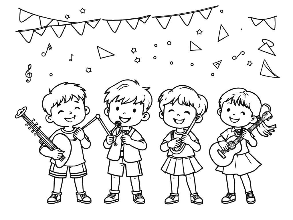 Desenho para colorir de crianças comemorando com música e bandeirinhas