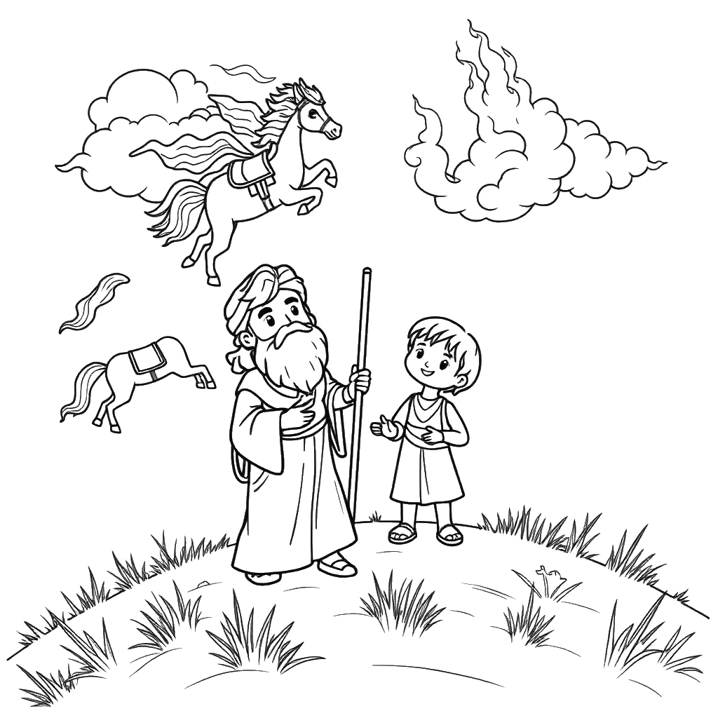 Desenho para colorir de Eliseu e seu servo vendo os carros de fogo no céu