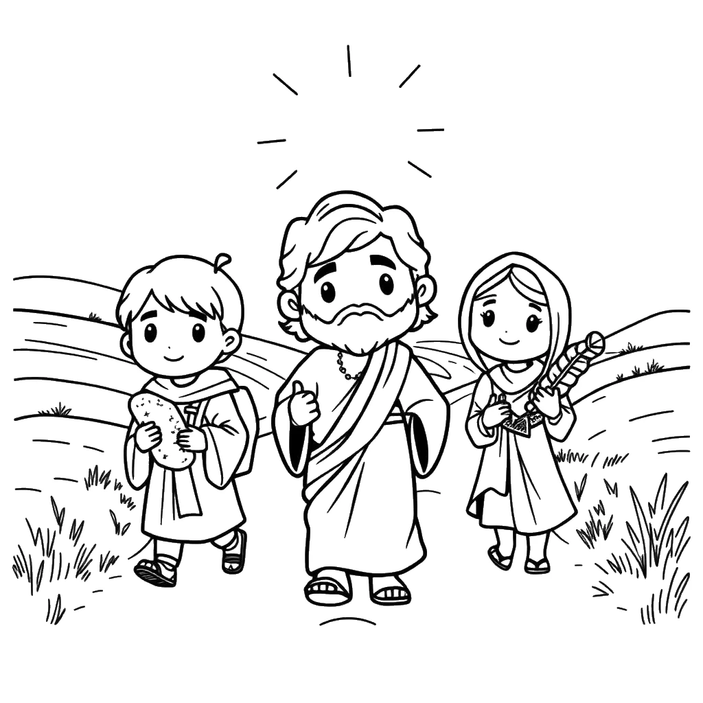 Desenho para colorir de Jesus ressuscitado caminhando com dois discípulos para Emaús