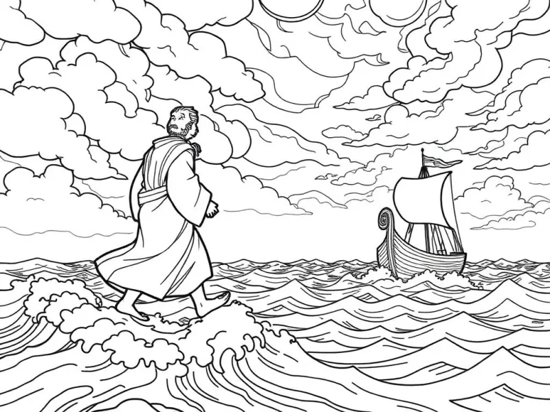 Desenho para colorir de Pedro caminhando sobre as águas com Jesus