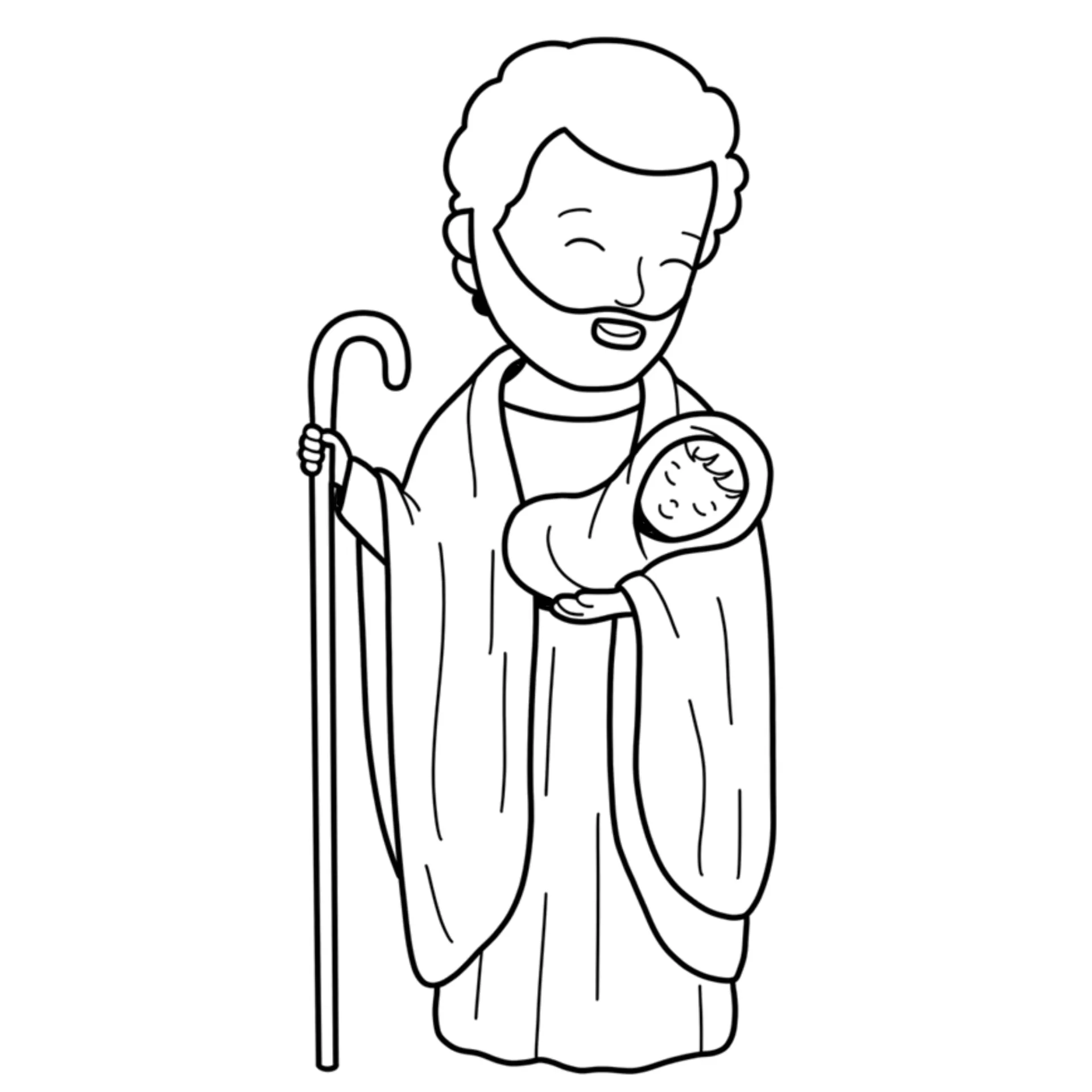 Desenho para colorir de José na carpintaria com o menino Jesus