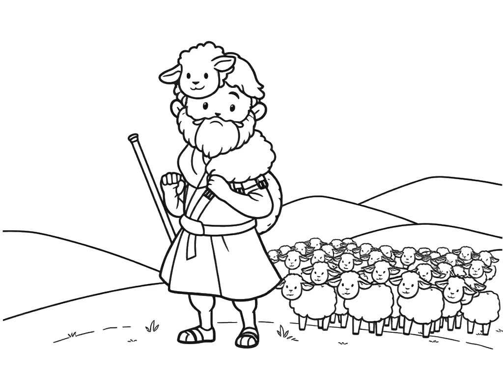 Desenho para colorir do pastor carregando a ovelha perdida nos ombros