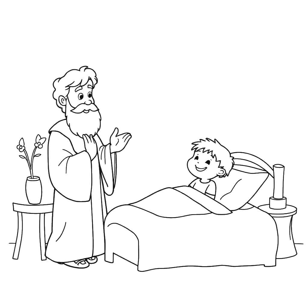 Desenho para colorir de Eliseu orando ao lado do menino que acorda na cama
