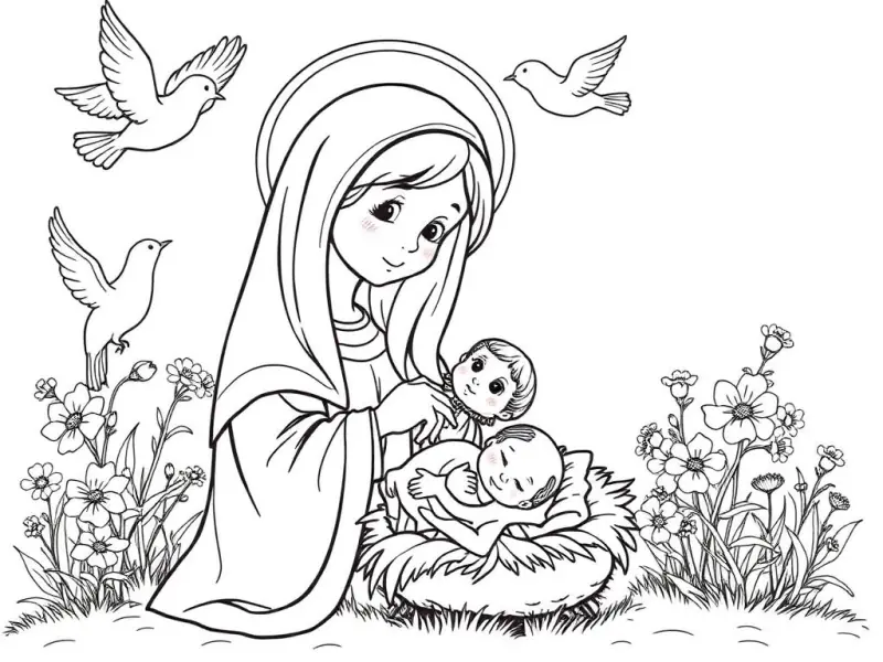Desenho para colorir de Maria segurando o menino Jesus