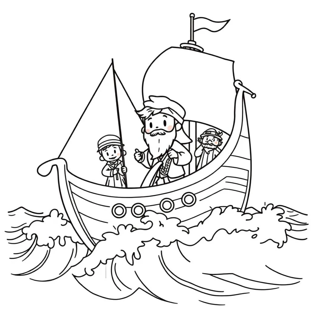 Desenho para colorir de Jonas no navio com ondas grandes