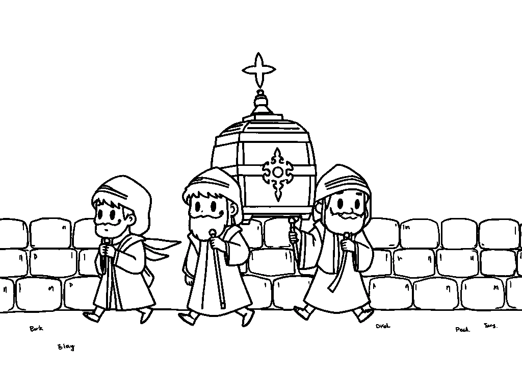 Desenho para colorir dos sacerdotes carregando a arca ao redor da muralha