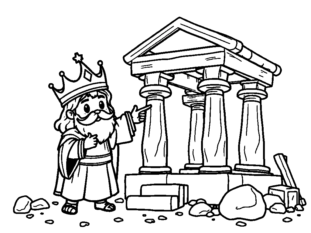 Desenho para colorir de Salomão acompanhando a construção do templo