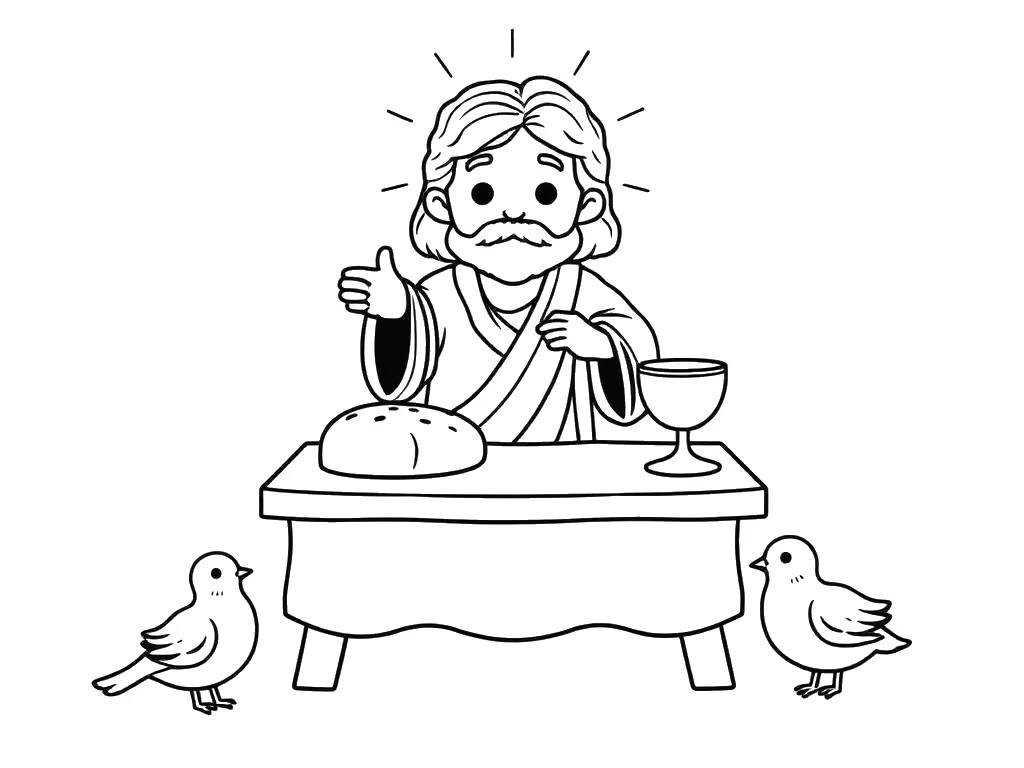 Desenho para colorir de Jesus abençoando o pão sobre a mesa