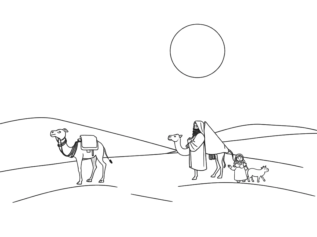 Desenho para colorir de Abraão viajando com camelos pelo deserto