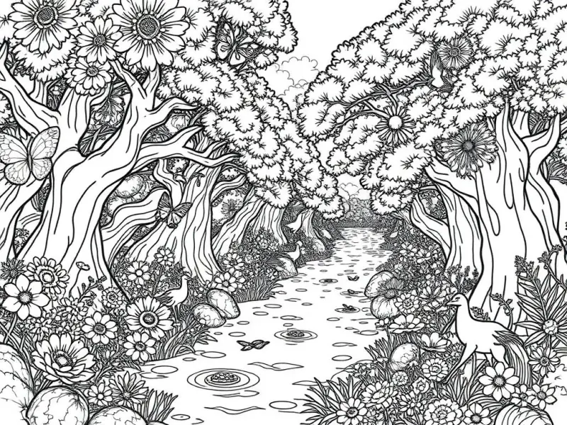 Desenho para colorir do Jardim do Éden com árvores e frutas