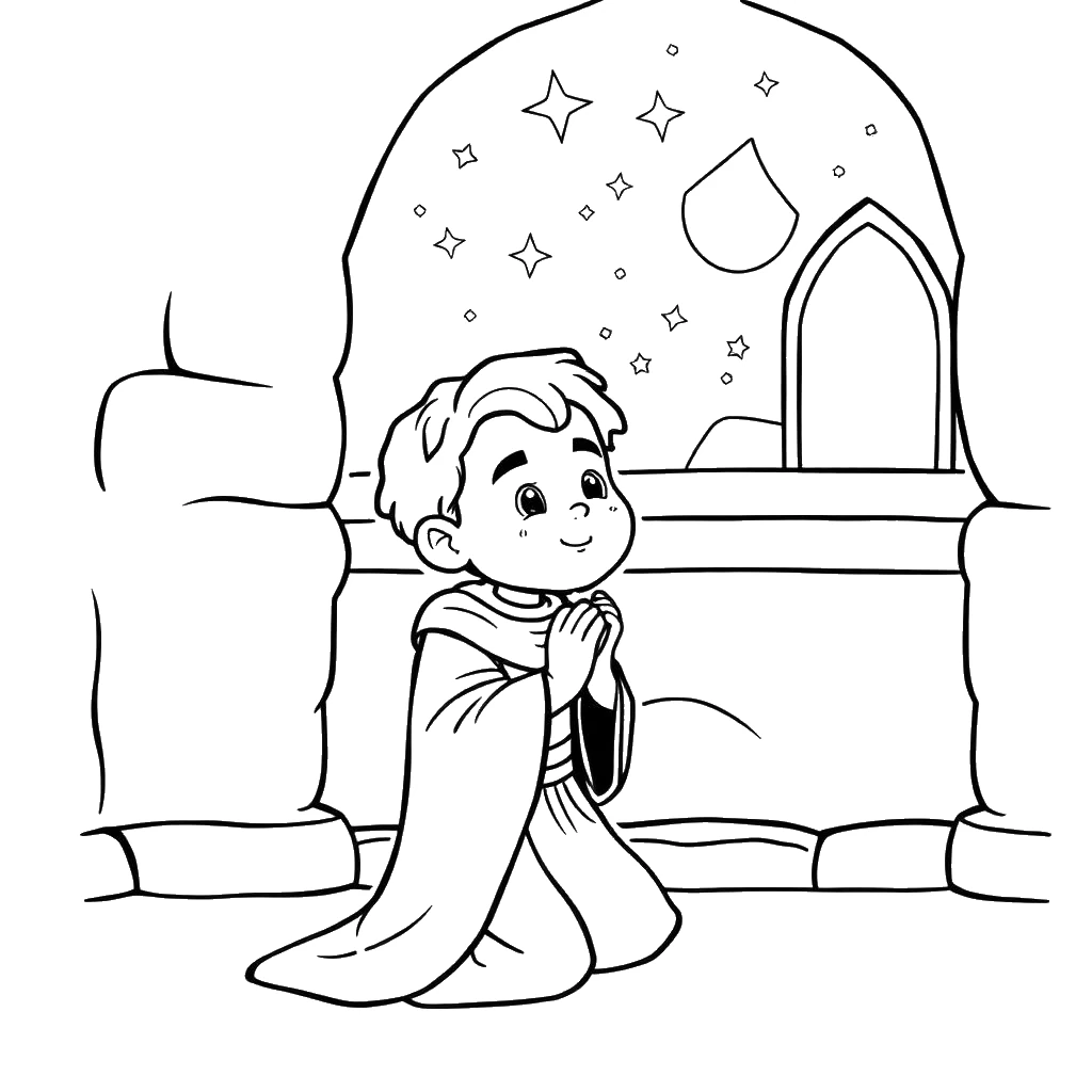 Desenho para colorir de Salomão orando de joelhos pedindo sabedoria a Deus