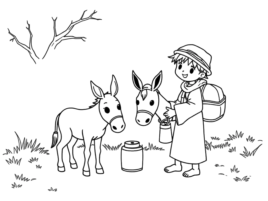 Desenho para colorir do bom samaritano cuidando de um viajante com seu jumento