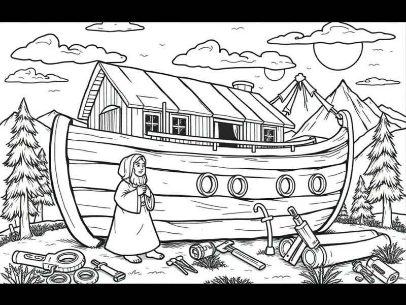 Desenho para colorir de Noé construindo a arca com martelo e madeira