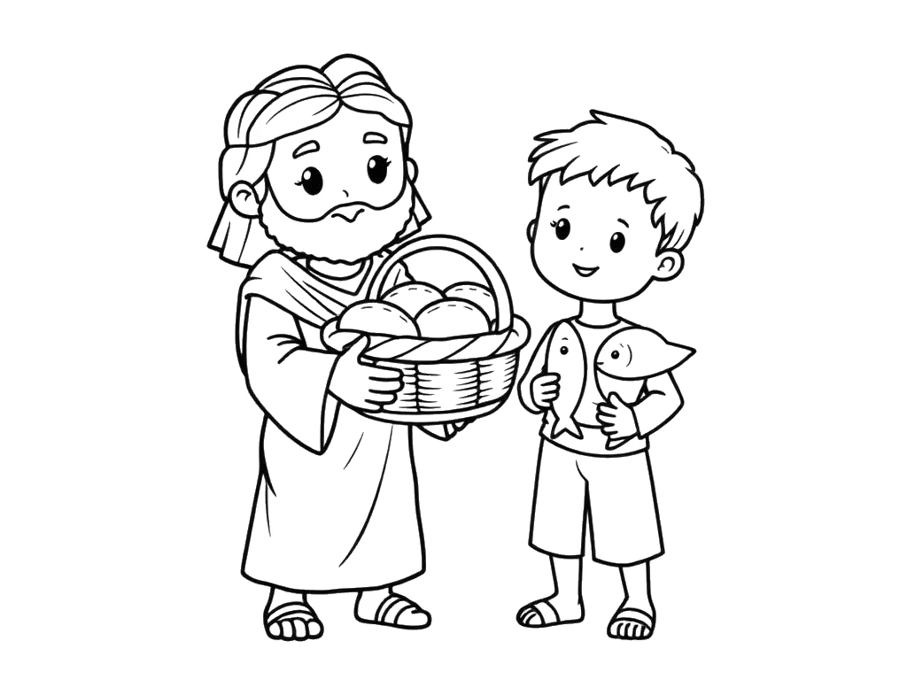 Desenho para colorir de Jesus com o cesto de pães e peixes e um menino