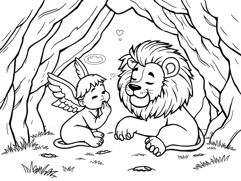Desenho para colorir de um anjo cuidando de Daniel e do leão manso