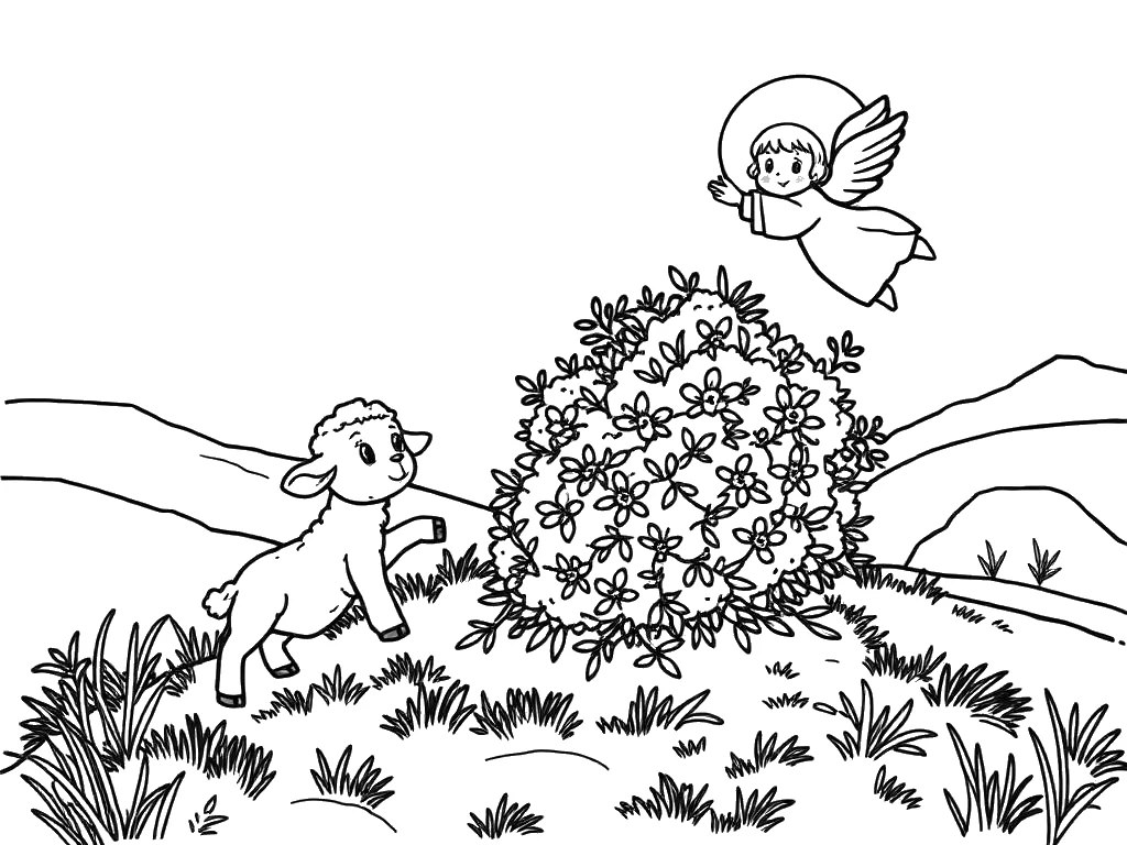 Desenho para colorir do cordeiro no arbusto com um anjo no monte
