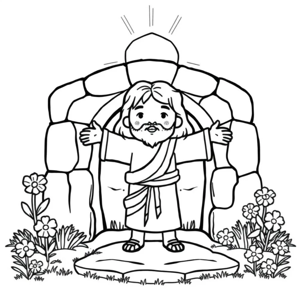 Desenho para colorir de Jesus ressuscitado diante do túmulo