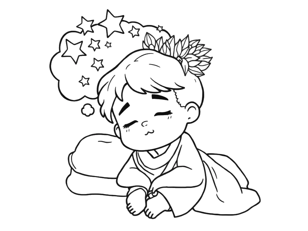 Desenho para colorir de José dormindo e sonhando com estrelas e feixes de trigo