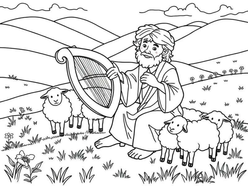 Desenho para colorir de Davi tocando harpa e louvando a Deus