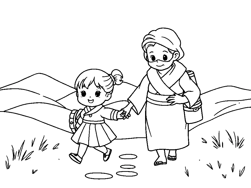 Desenho para colorir de Rute segurando a mão de Noemi na estrada