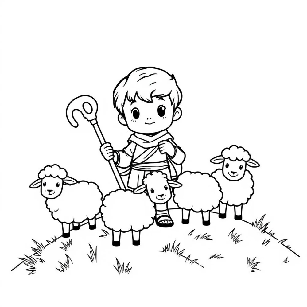Desenho para colorir de Davi pastor com suas ovelhas na colina