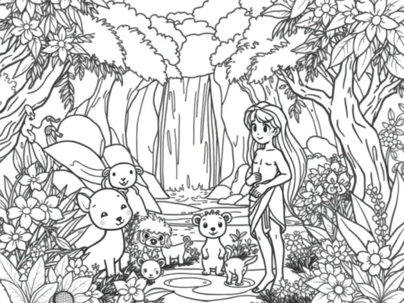 Desenho para colorir de Adão e Eva cercados de animais