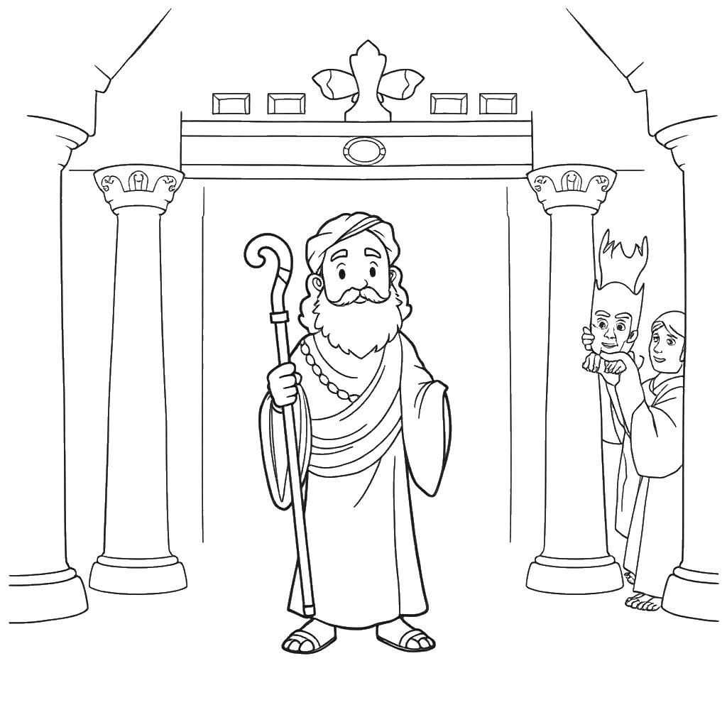 Desenho para colorir do profeta Elias falando com o rei no salão do palácio