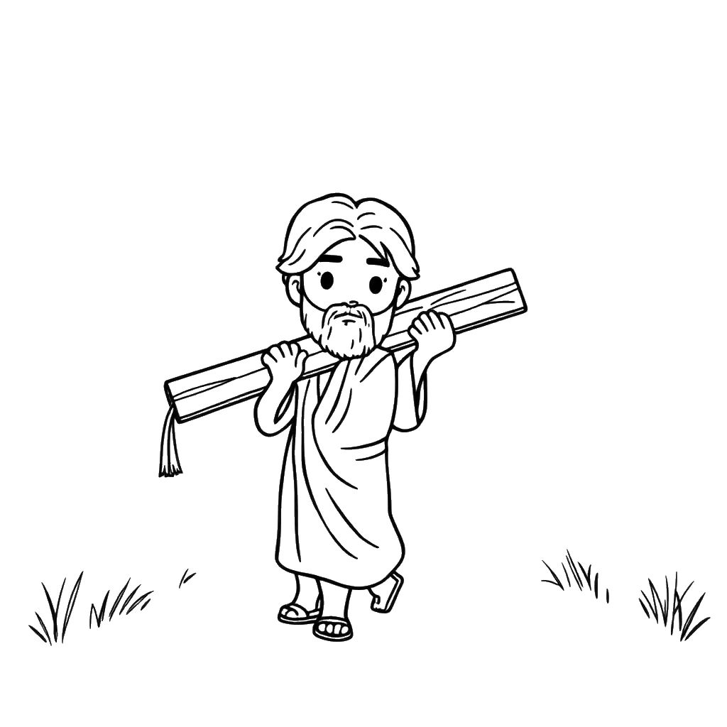 Desenho para colorir de Simão de Cirene ajudando Jesus a carregar a cruz
