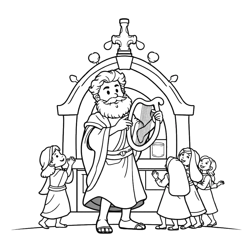 Desenho para colorir de Davi tocando e dançando de alegria diante da arca