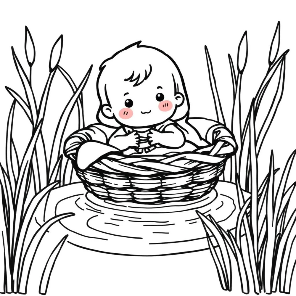 Desenho para colorir do bebê Moisés no cesto entre os juncos