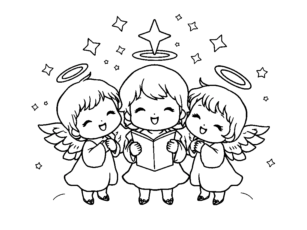 Desenho para colorir de três anjinhos cantando entre estrelas