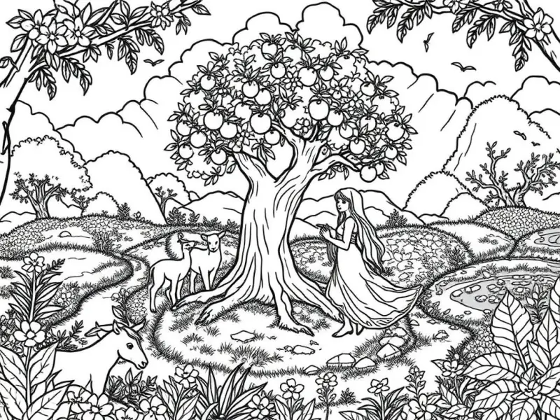 Desenho para colorir de Adão e Eva perto da árvore do jardim