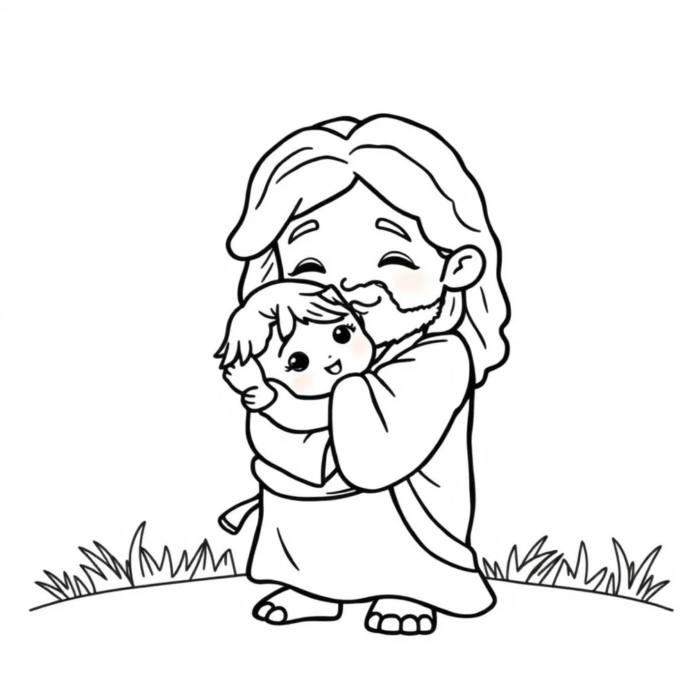 Desenho para colorir de Jesus abraçando uma criança