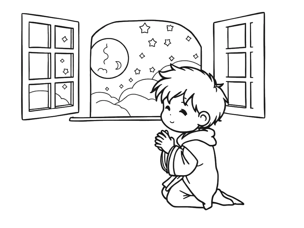 Desenho para colorir de Daniel orando de joelhos junto à janela