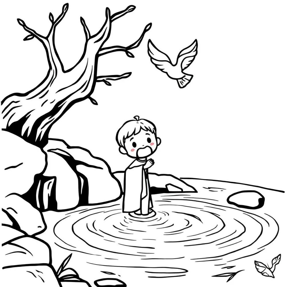 Desenho para colorir do batismo de Jesus no rio Jordão