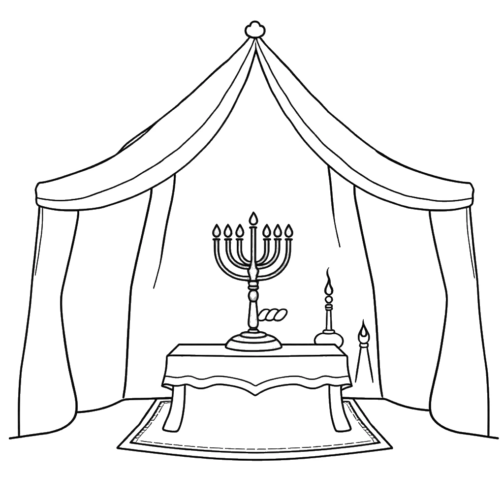 Desenho para colorir do candelabro e da mesa dos pães dentro do tabernáculo