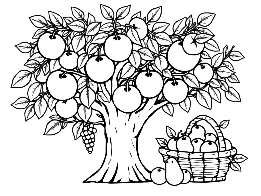 Desenho para colorir de uma árvore cheia de frutos e um cesto