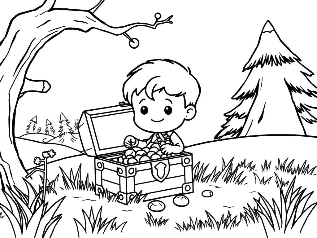 Desenho para colorir de uma criança encontrando um baú de tesouro no campo