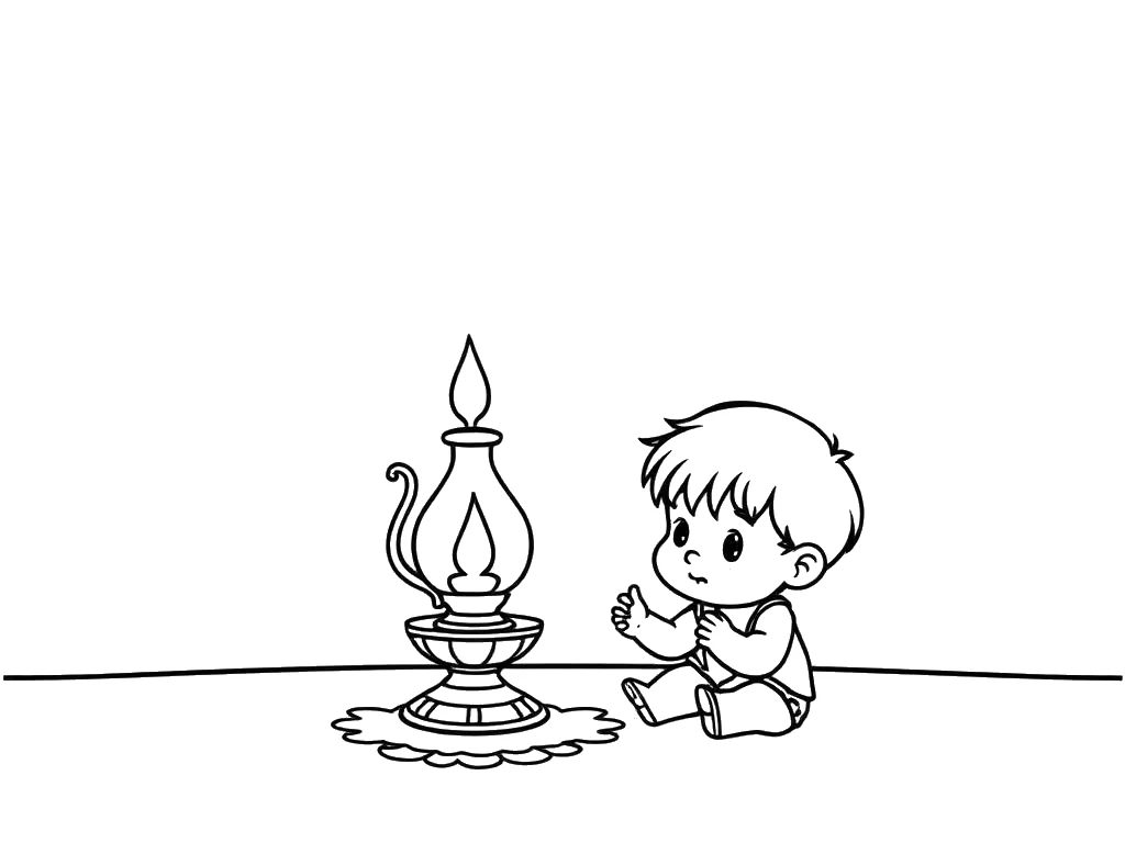 Desenho para colorir de uma candeia acesa sobre a mesa com uma criança